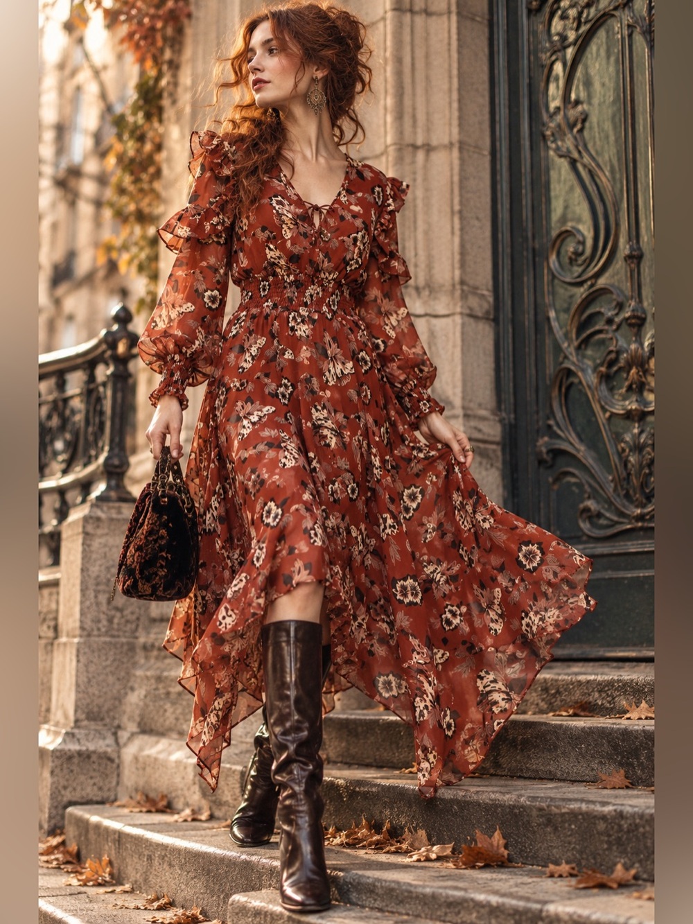 Sam Edelman Butterfly Floral Chiffon Dress Ruffle Handkerchief Hem Fall Autumn
